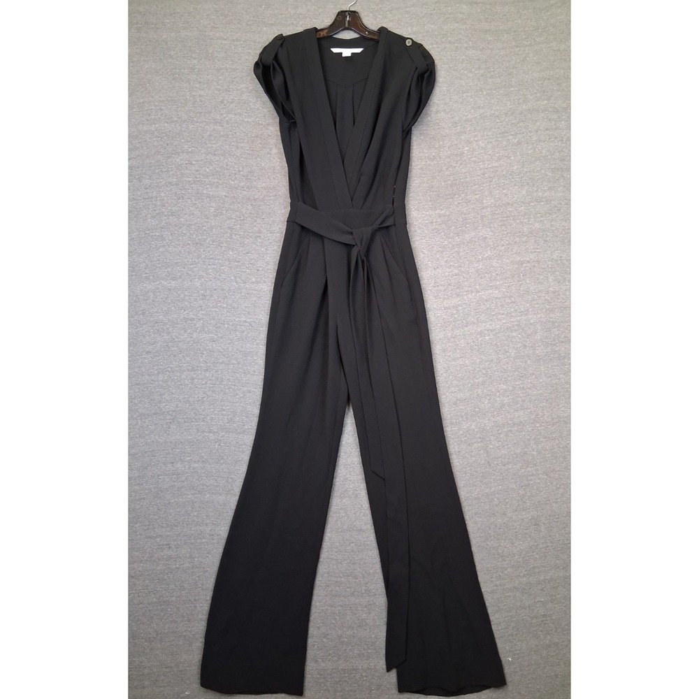 DVF Womens Jumpsuit 2 Black Purdy Wrap Wide Leg Quiet Luxury Minimalist Retro